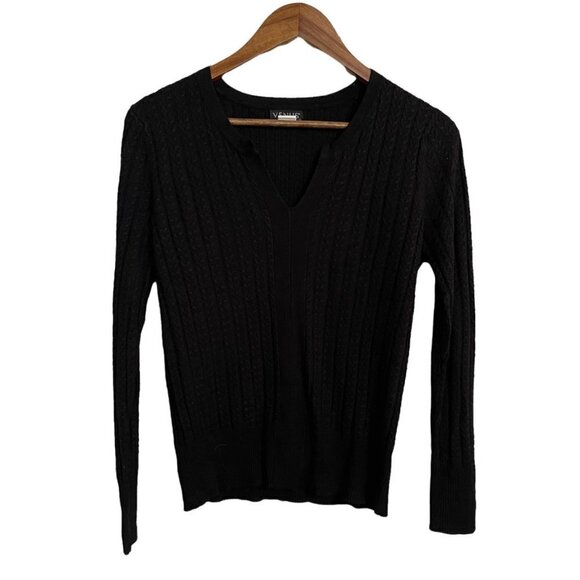 Venus Womens Black Long Sleeve Ribbed Vneck Pullover Sweater Medium - Picture 1 of 5